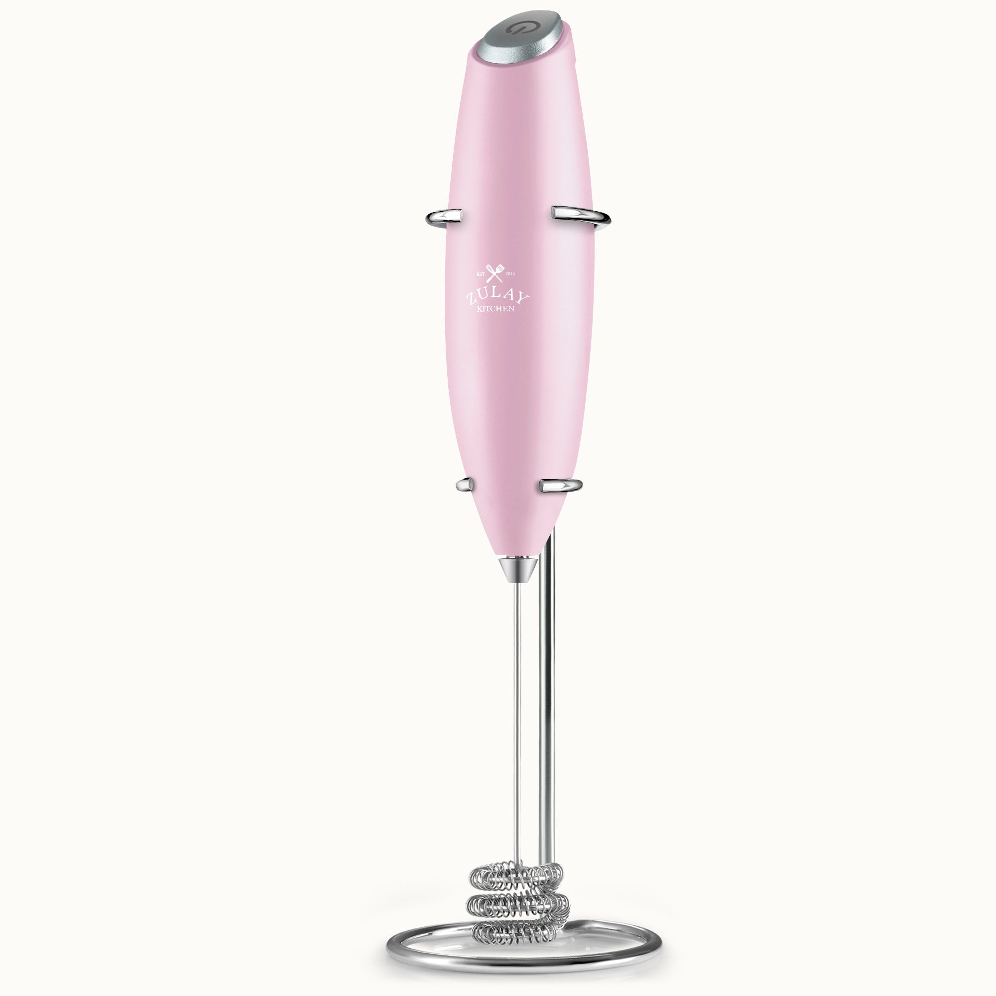 Tornado Triple Whisk Milk Frother with Stand & 4 Batteries - Pink by Zulay Kitchen