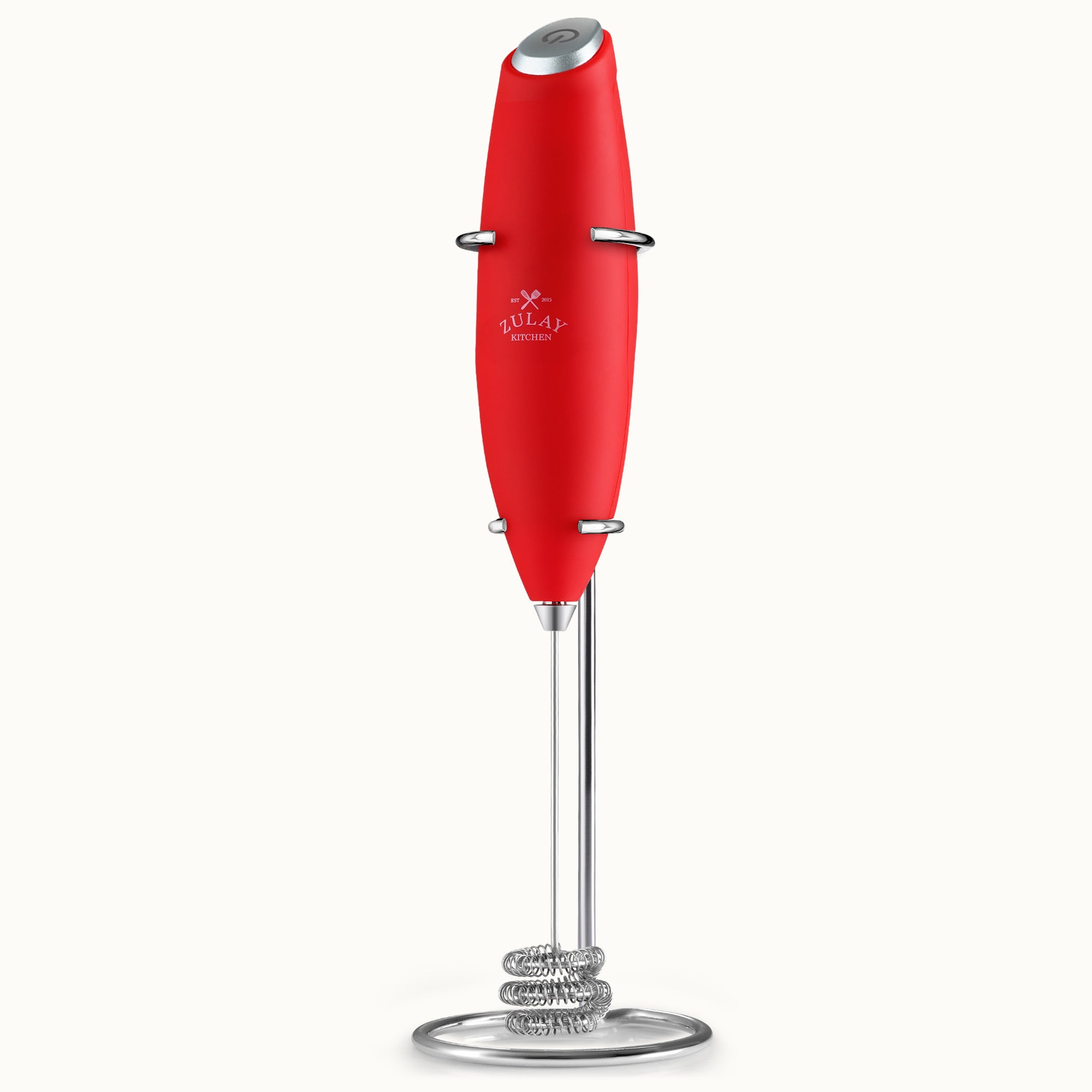 Tornado Triple Whisk Milk Frother with Stand & 4 Batteries - Red by Zulay Kitchen