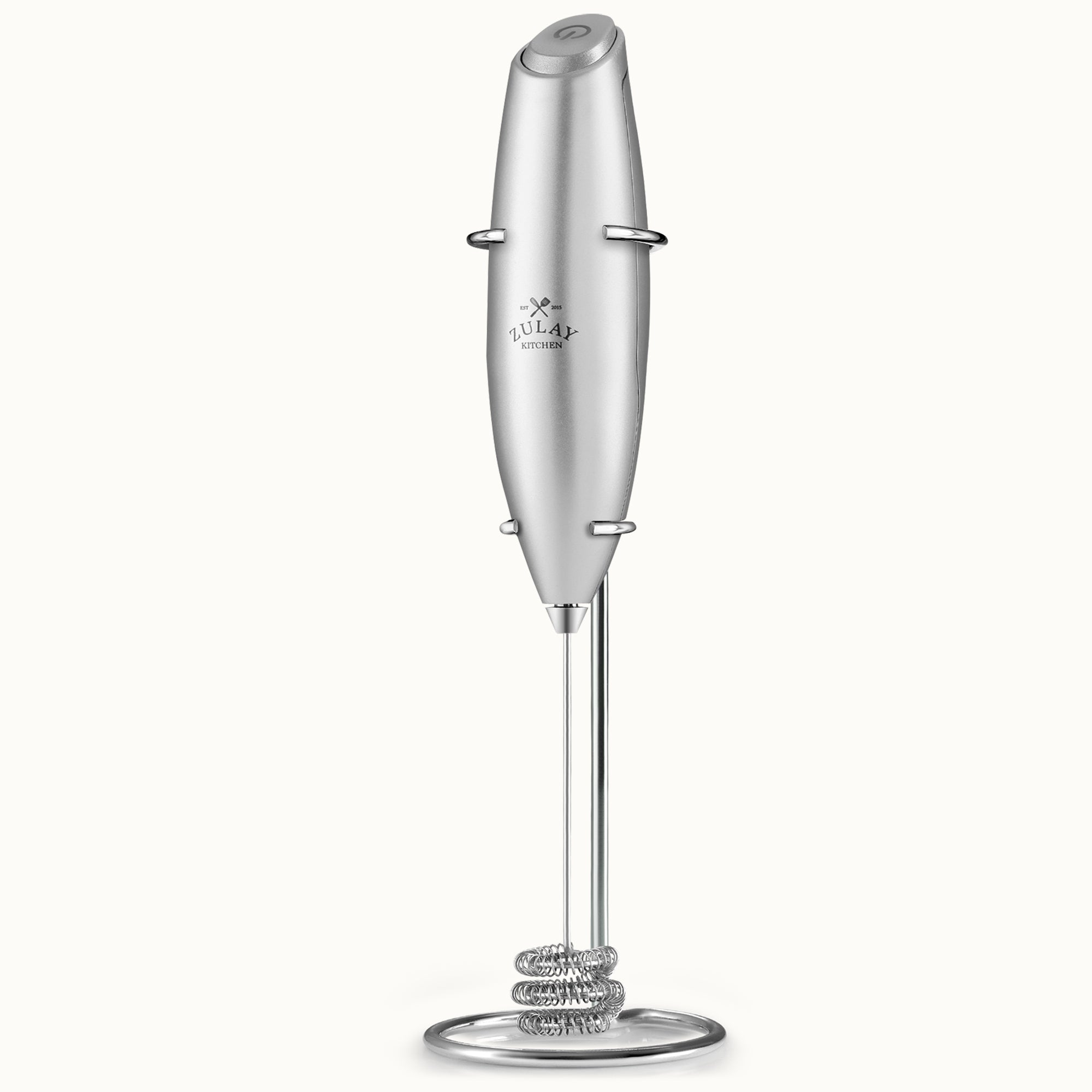 Tornado Triple Whisk Milk Frother with Stand & 4 Batteries - Silver by Zulay Kitchen