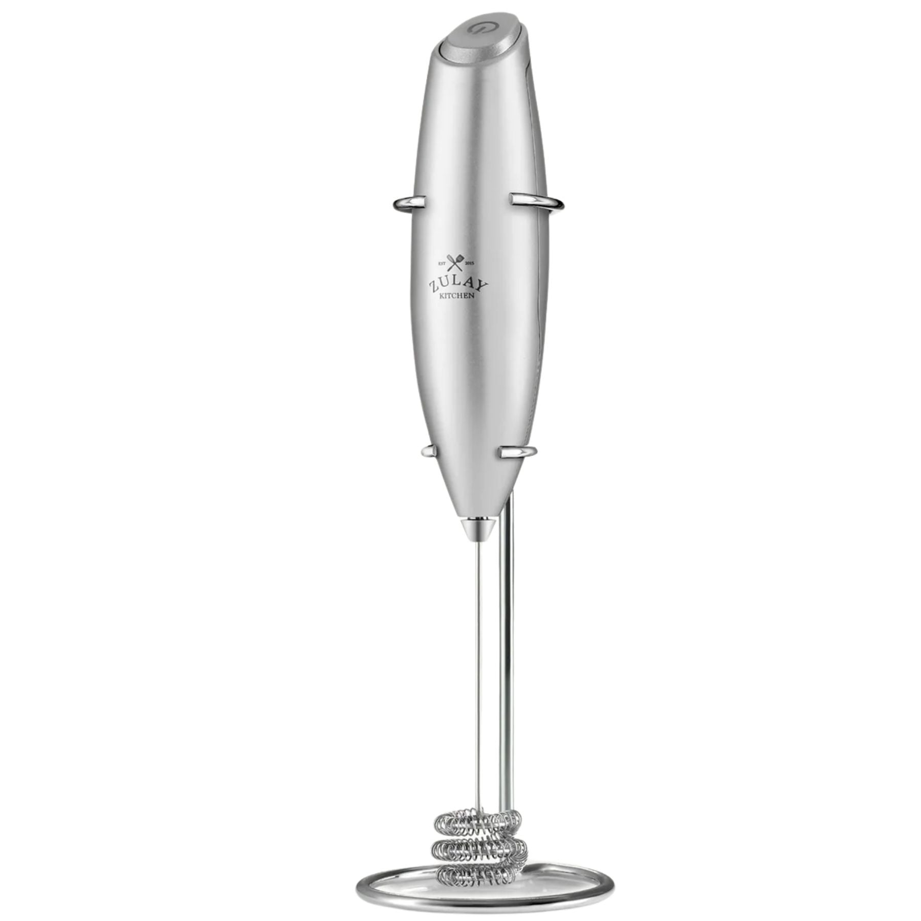 Tornado Triple Whisk Milk Frother with Stand & 4 Batteries - Silver by Zulay Kitchen