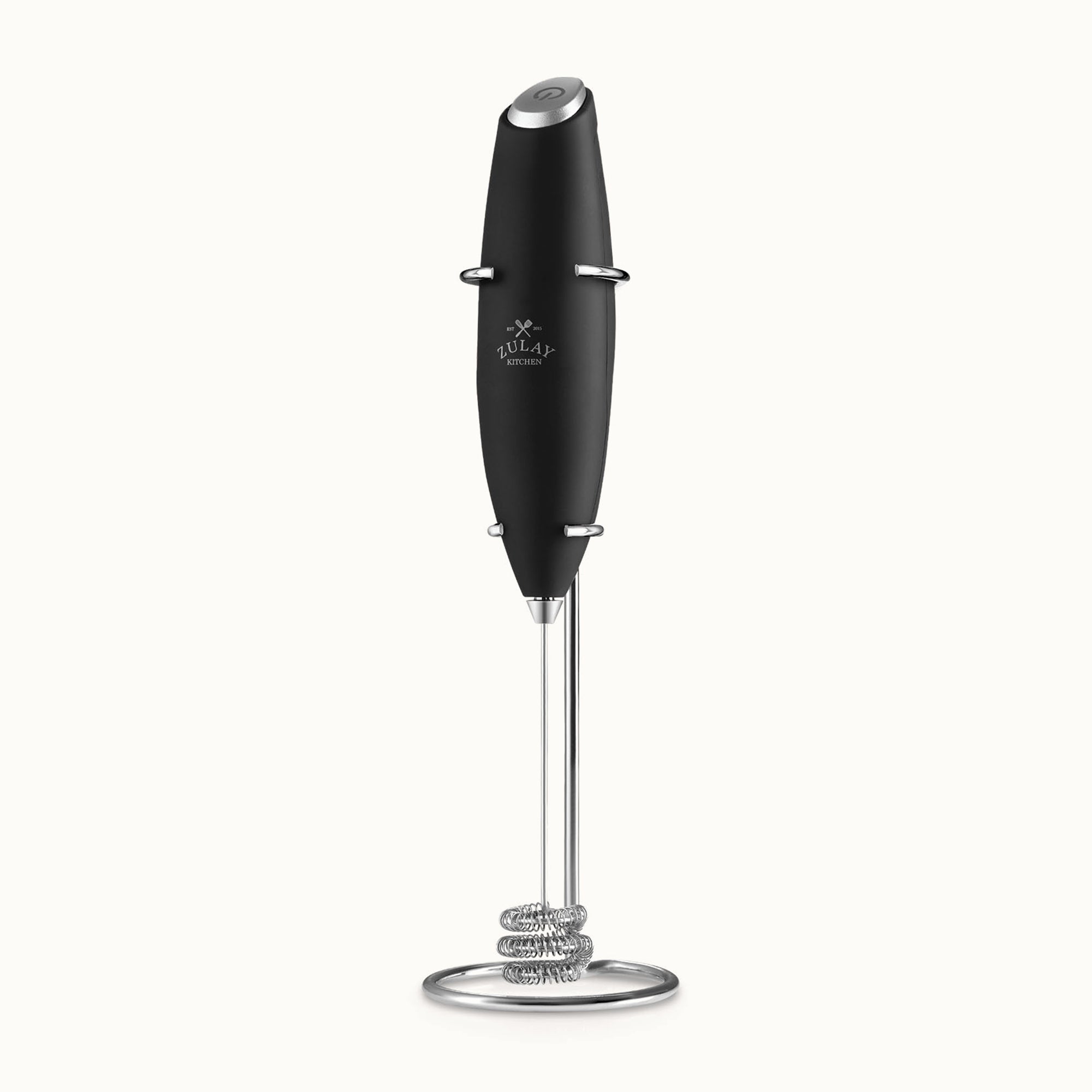 Tornado Triple Whisk Milk Frother with Stand & 2 Batteries - Black with Silver by Zulay Kitchen
