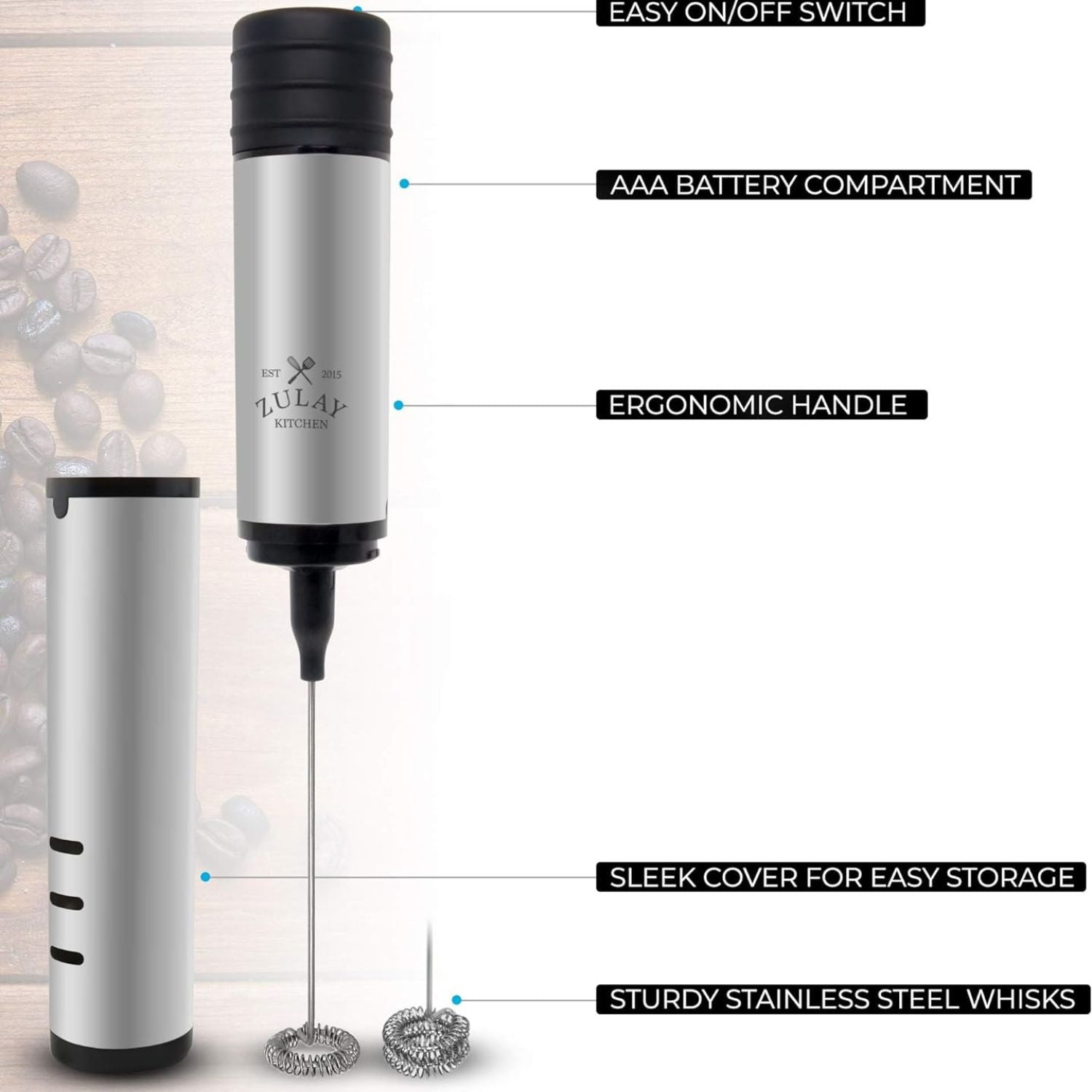 Premium Quality Travel Milk Frother with Protective Cover by Zulay Kitchen