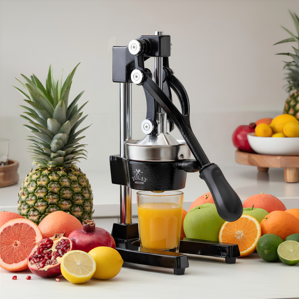 Zulay Kitchen black Cast-iron juicer on a kitchen counter with different kinds of fruits.