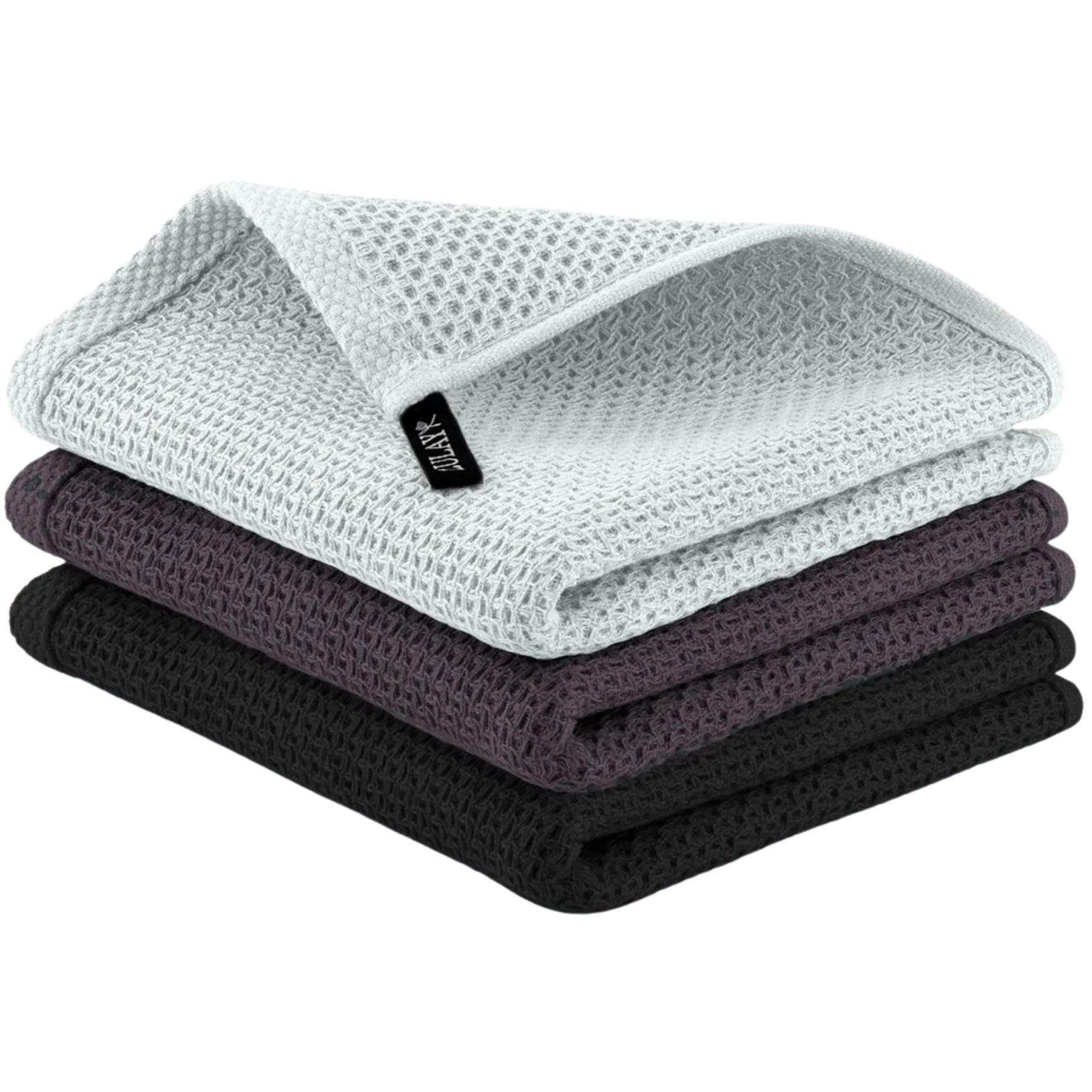 Waffle Weave Kitchen Towels-3 Pack 12 x 12 inch - Black, Dark Gray, White by Zulay Kitchen