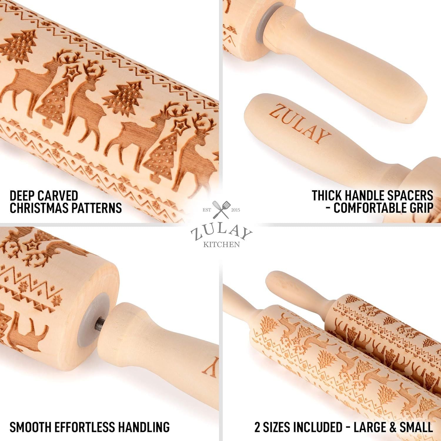 Comfortable Grip Wooden Carved Christmas Rolling Pin by Zulay Kitchen