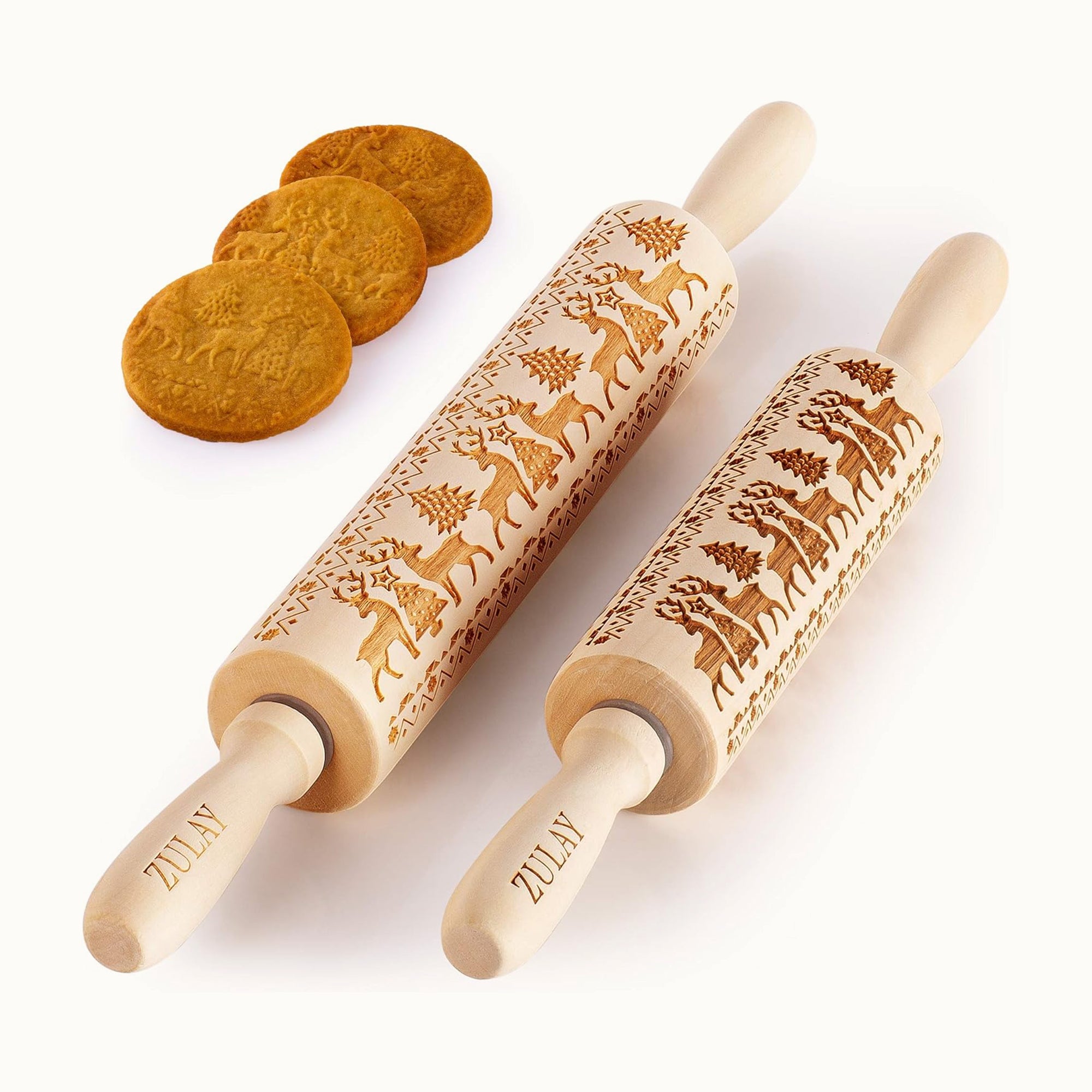 Wooden Carved Christmas Rolling Pin Set of 2 by Zulay Kitchen