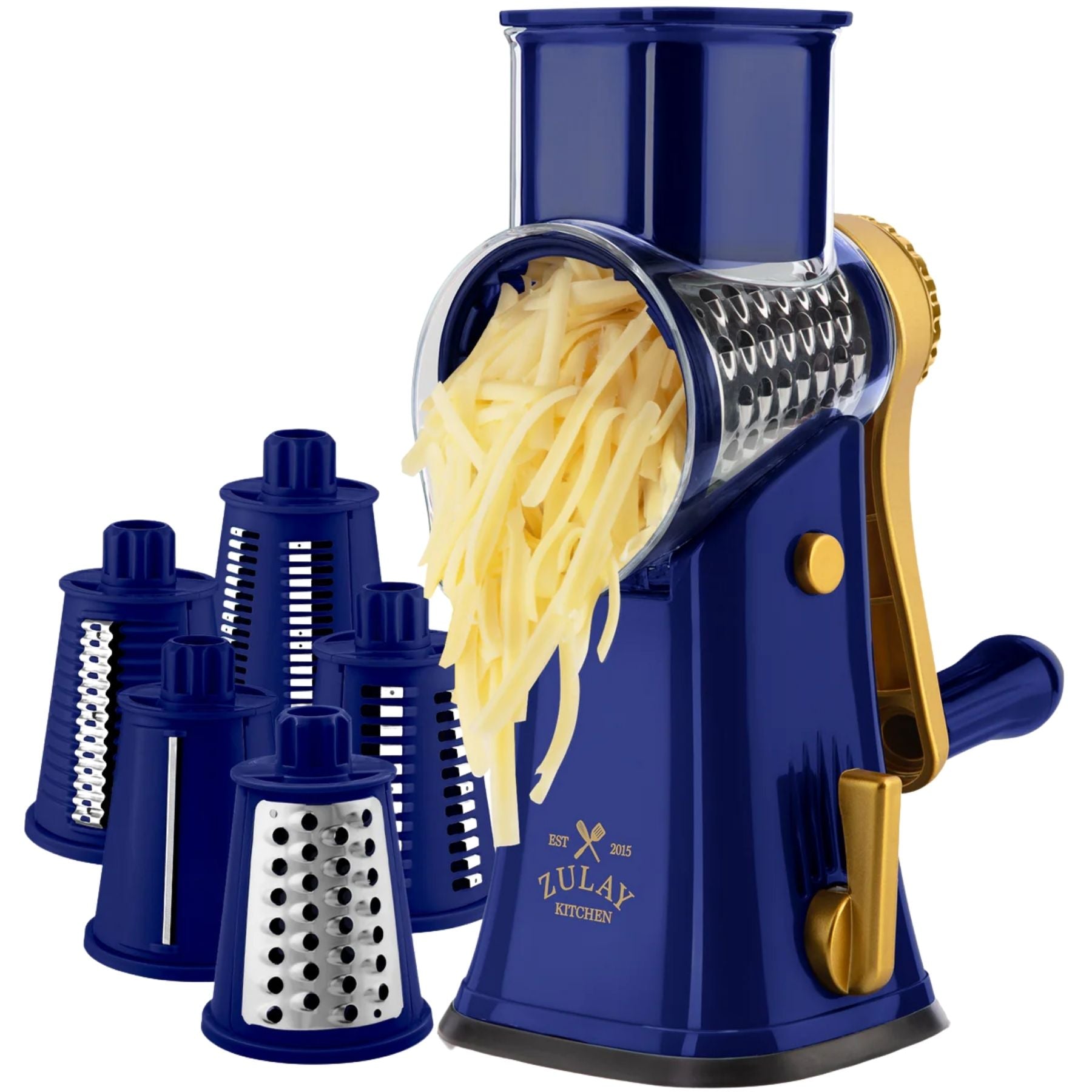 Rotary Cheese Grater with 5 Interchangeable Blades - Blue & Gold by Zulay Kitchen