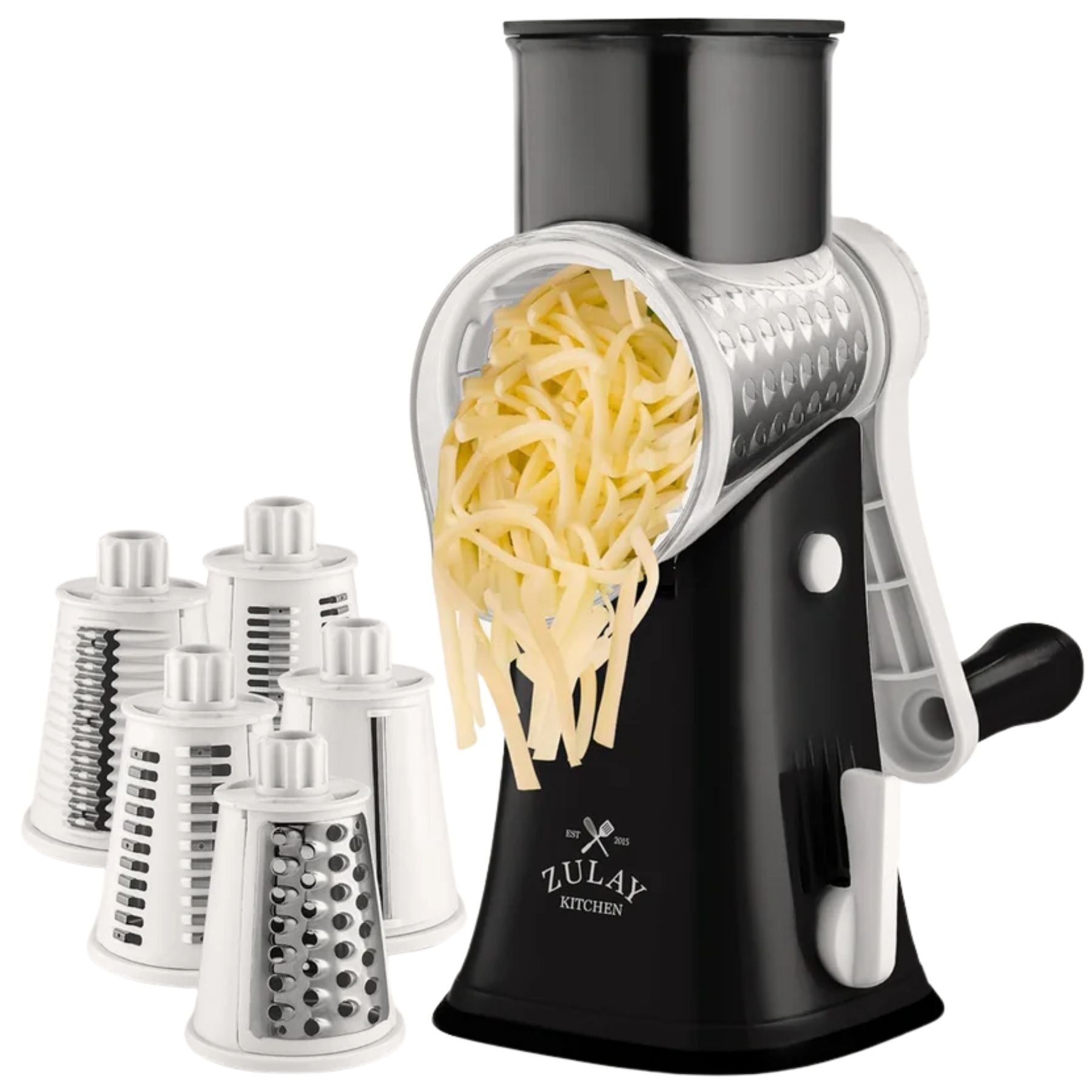 Rotary Cheese Grater with 5 Interchangeable Blades - White & Black by Zulay Kitchen