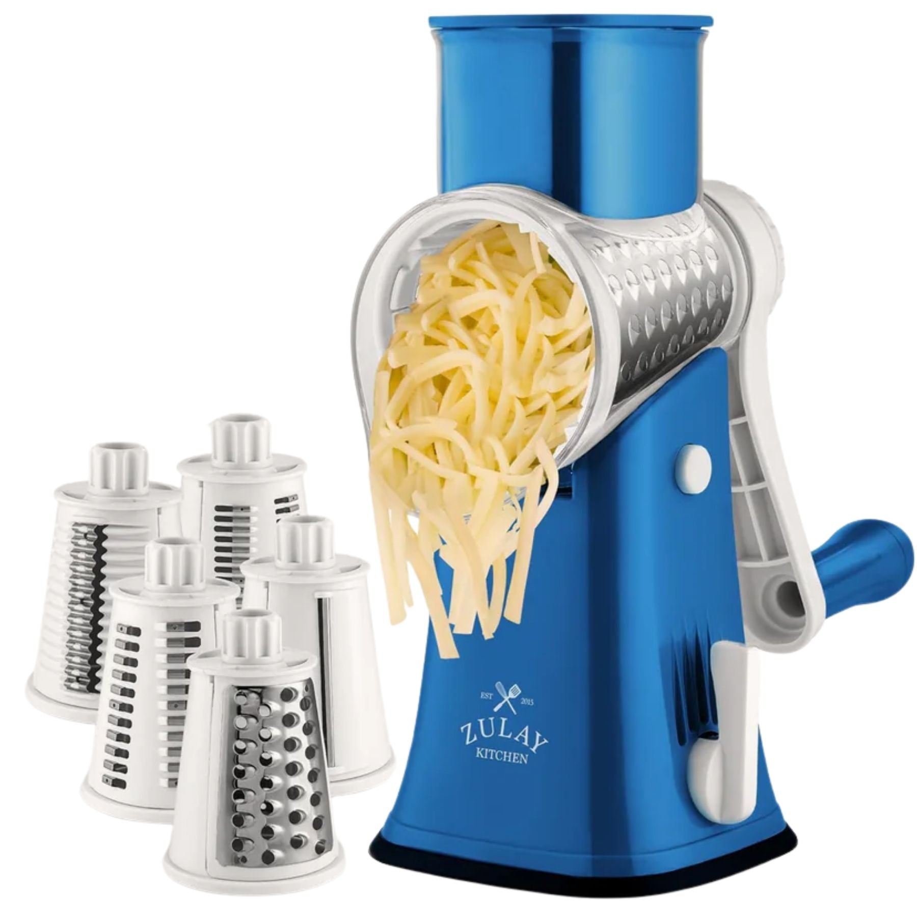 Rotary Cheese Grater with 5 Interchangeable Blades - White & Blue by Zulay Kitchen