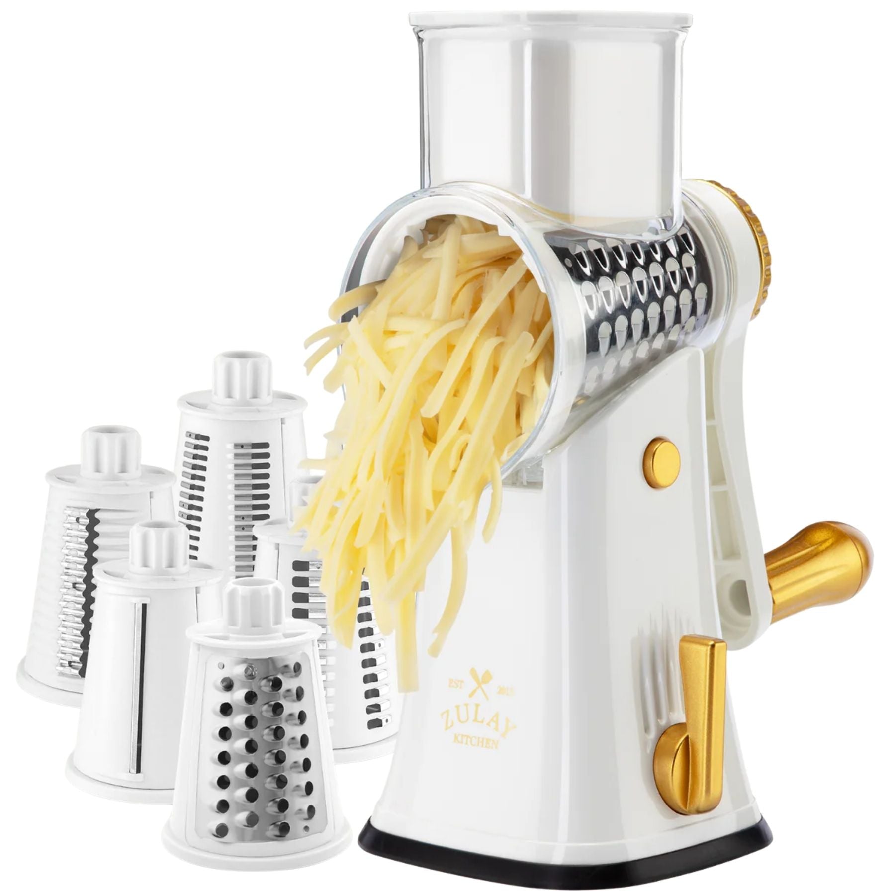 Rotary Cheese Grater with 5 Interchangeable Blades - White & Gold by Zulay Kitchen