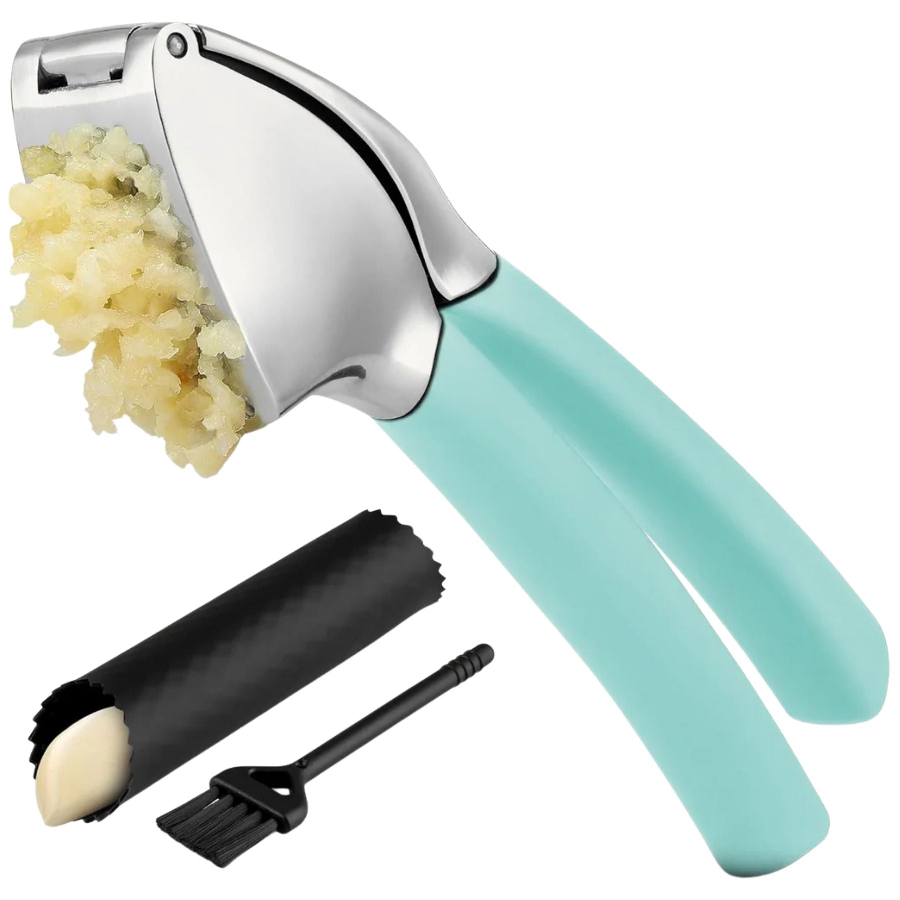 Garlic Press Comfort Grip with Peeler and Brush - Light Blue by Zulay Kitchen