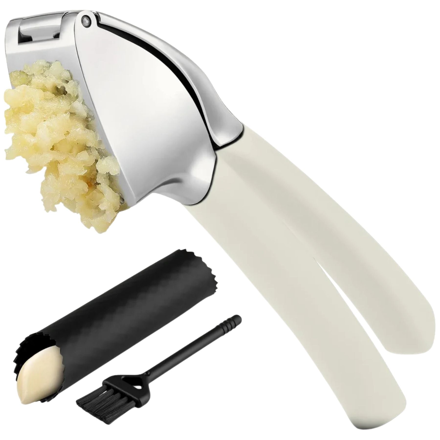 Garlic Press Comfort Grip with Peeler and Brush - White by Zulay Kitchen