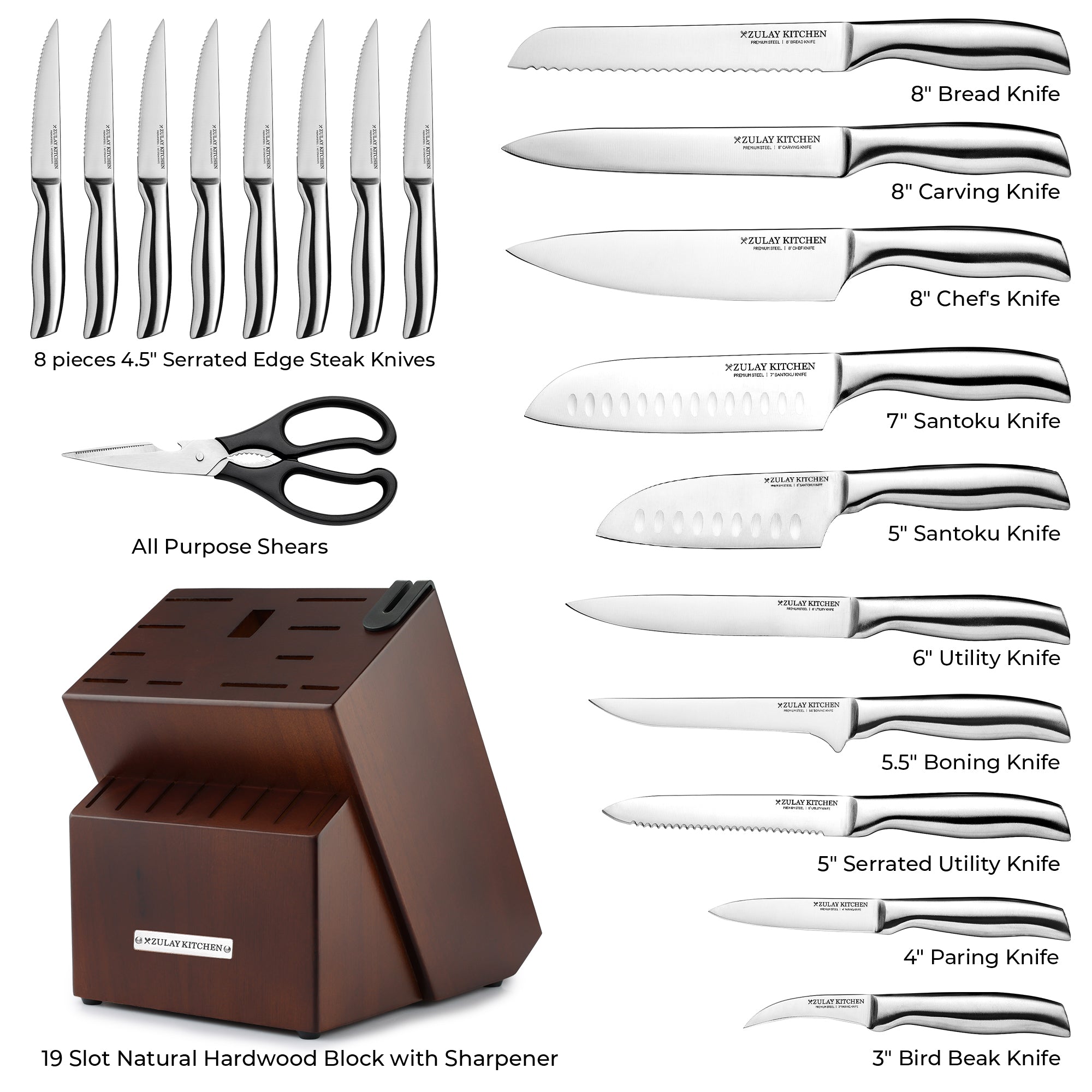 20-Piece Stainless Steel Knife Set with Hardwood Block and Sharpener by Zulay Kitchen