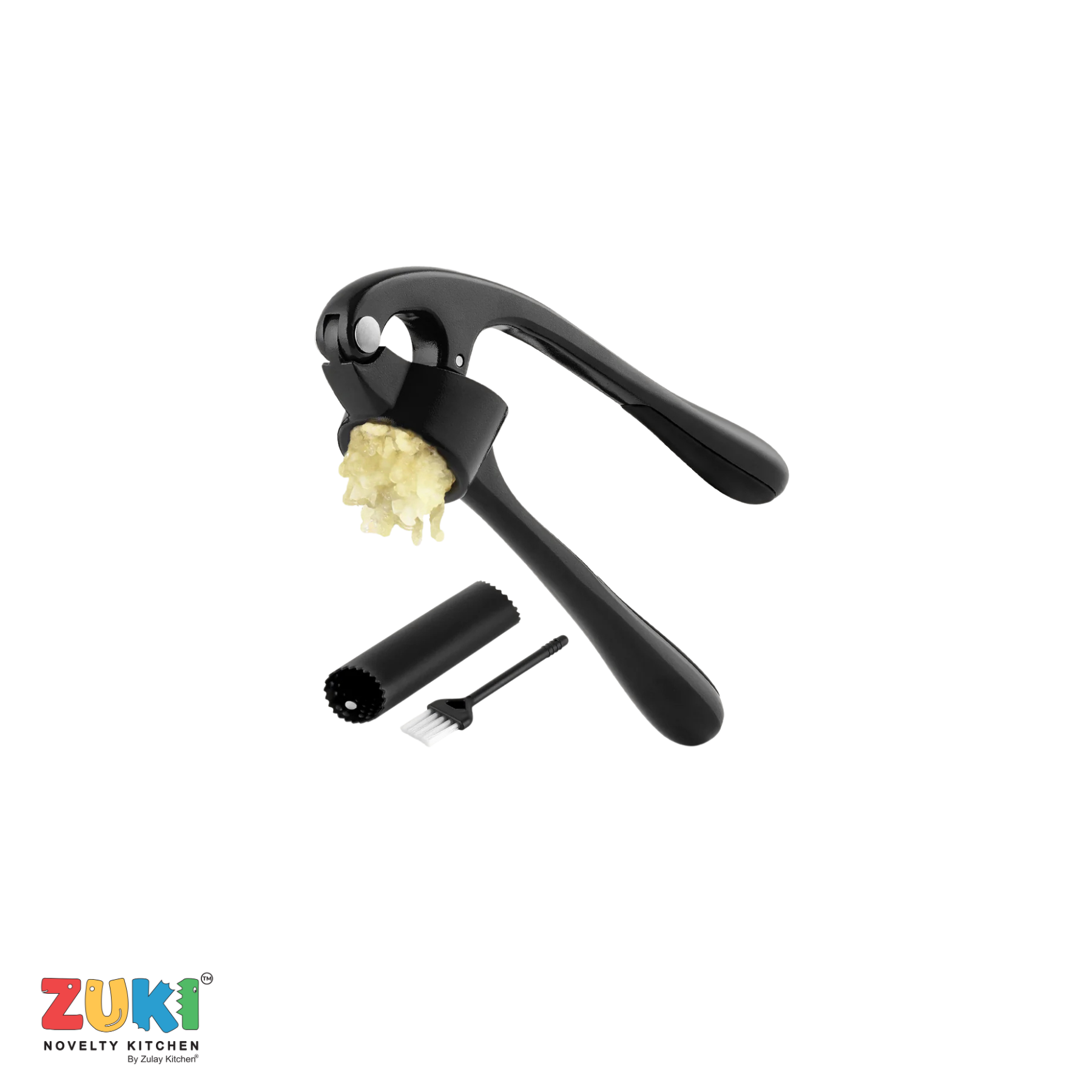 Black garlic press with minced garlic, cleaning brush, and peeler on a white background, featuring the ZUKI brand.