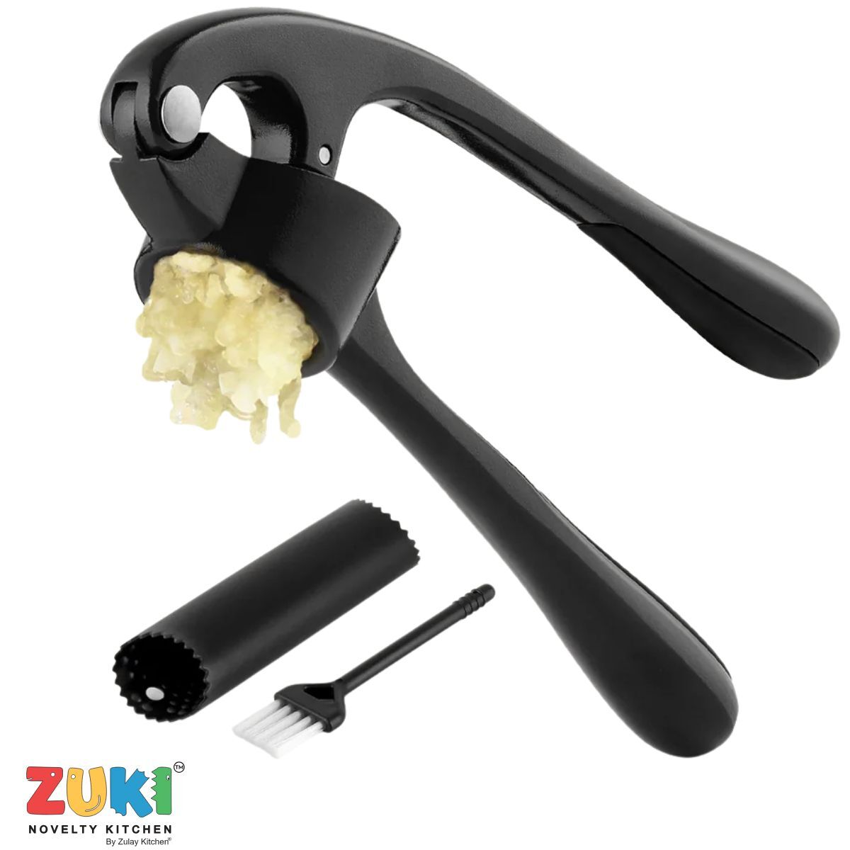 Black garlic press with minced garlic, cleaning brush, and peeler on a white background, featuring the ZUKI brand.