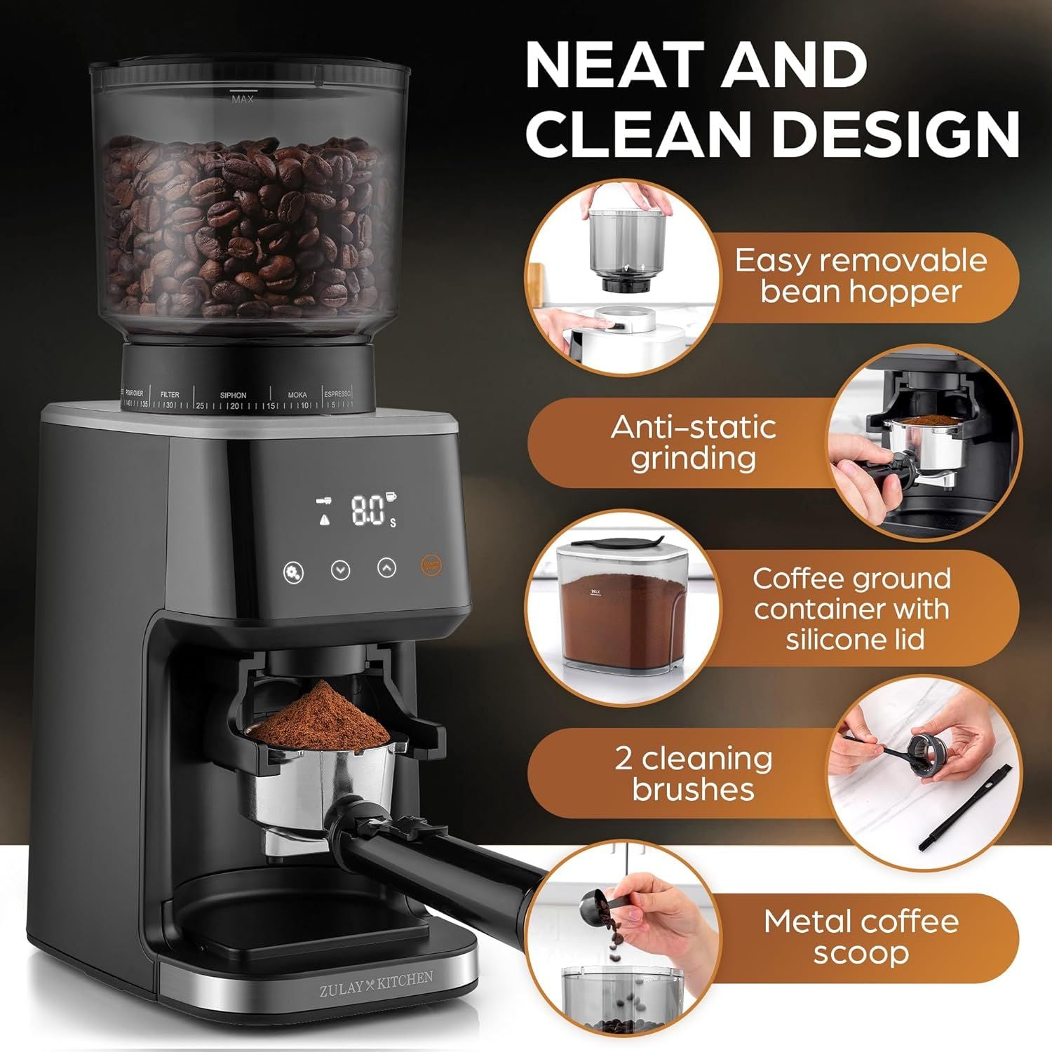 Conical Burr Equipped with Anti-Static Technology by Zulay Kitchen