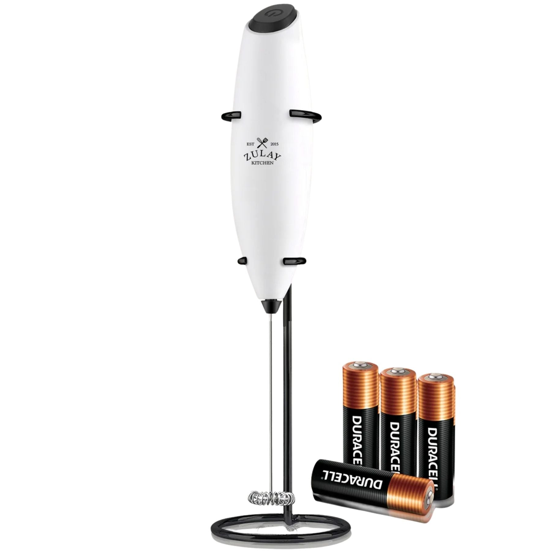 Milk Frother with 4 Batteries - Duracell Powered - Exec White n Black w Black Stand by Zulay Kitchen