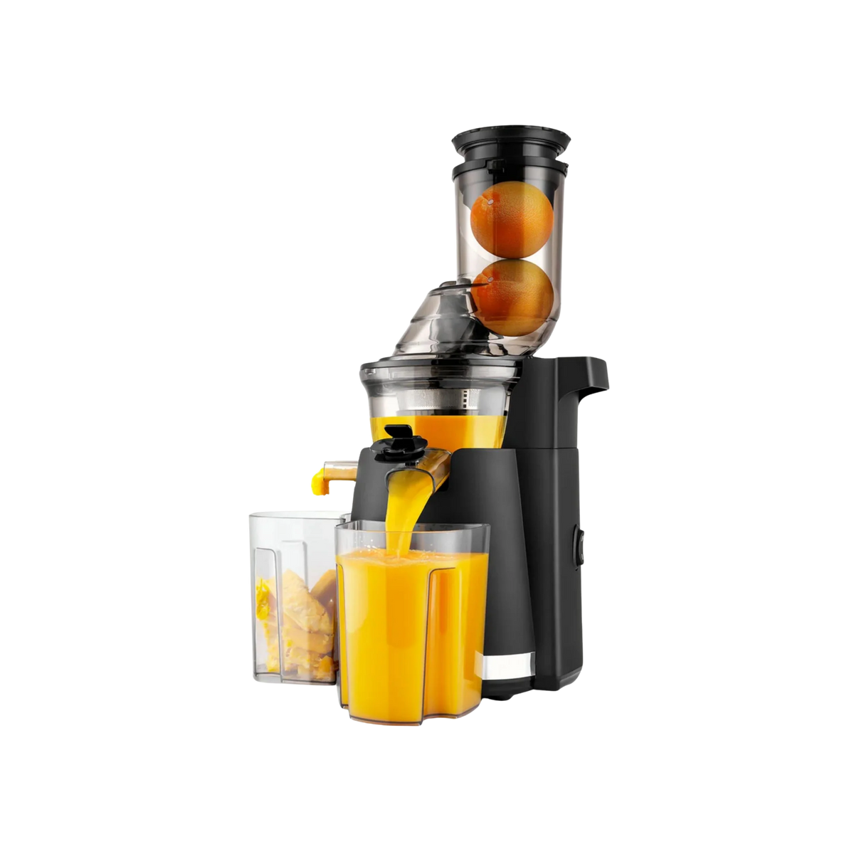 Black and clear Zulay Kitchen Masticating juicer with oranges being juiced, orange juice in a glass, and additional oranges.