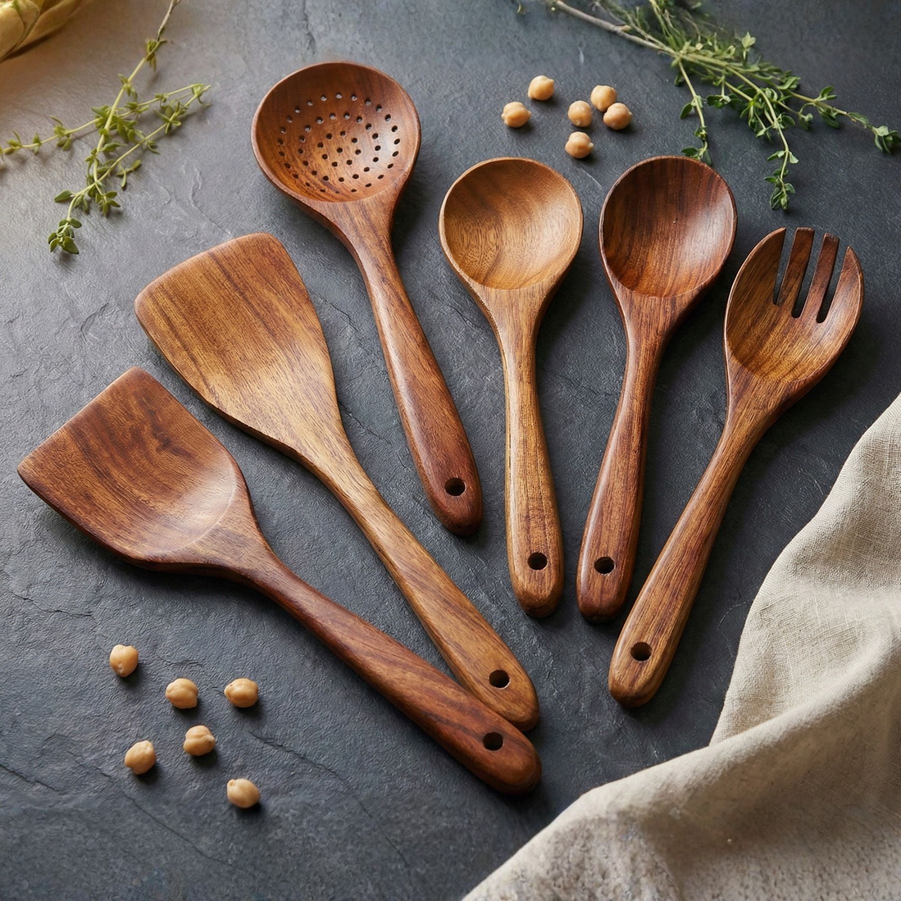 Set of Zulay Kitchen Teak wood kitchen utensils on a dark surface with herbs and grains.