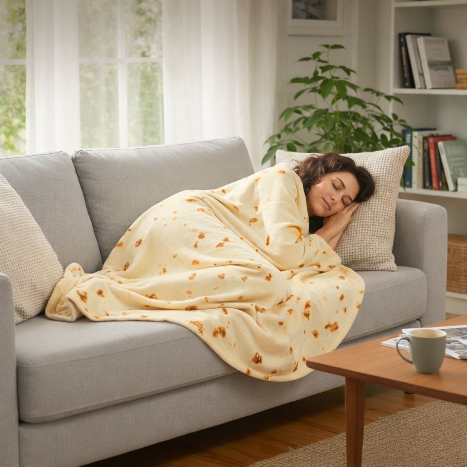 Woman wrapped in a Zulay Kitchen tortilla blanket on a couch in a cozy living room.