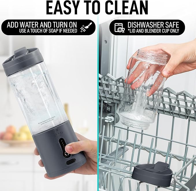 Personal blender with text indicating ease of cleaning, dishwasher safety, and steps for cleaning.