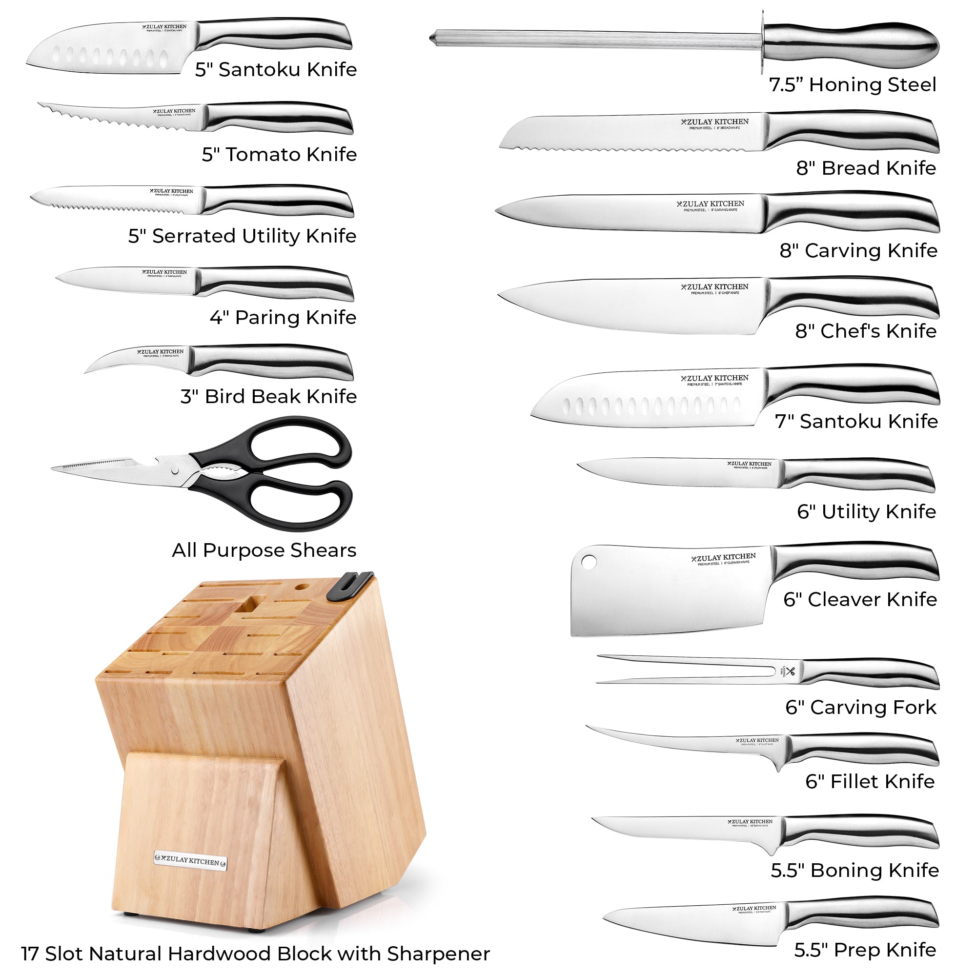 18-Piece Stainless Steel Knife Set with Hardwood Block and Sharpener by Zulay Kitchen