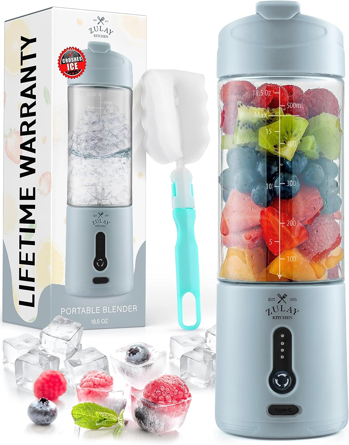 Zulay Kitchen Portable Blender with fruits and ice.