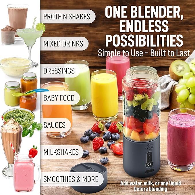 Zulay Kitchen Personal blender with fruits and vegetables, surrounded by various blended drinks and ingredients on a wooden surface.