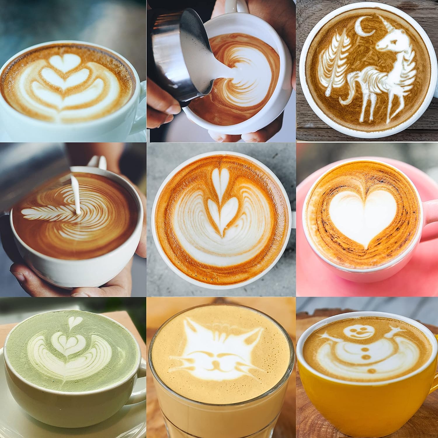 Different latte art designs using milk pitcher