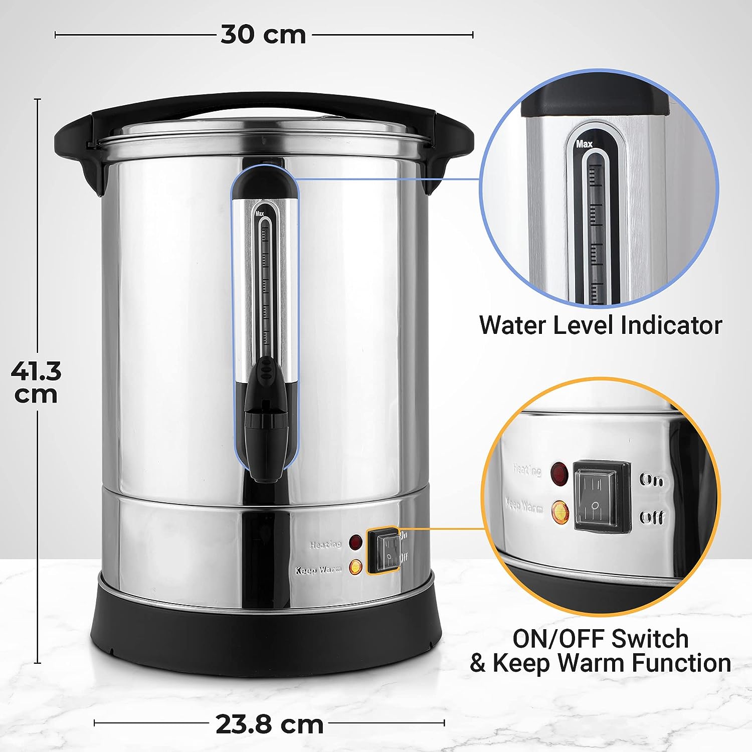 Coffee urn with water level indicator and keep warm function