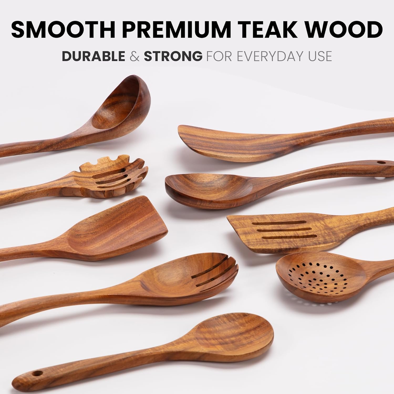 Smooth premium teak wood utensil set