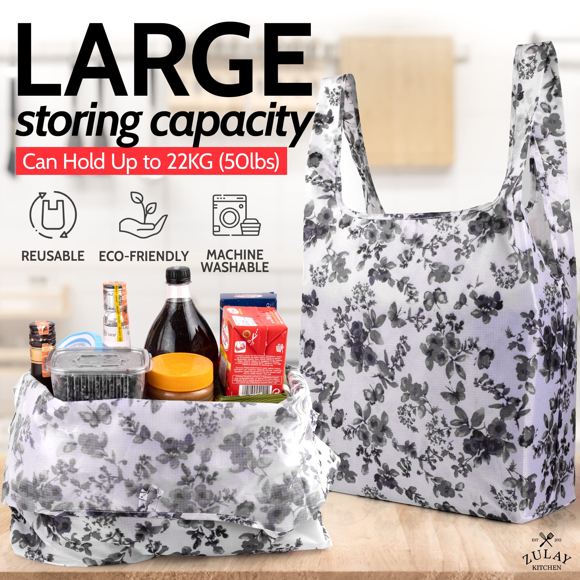 Large Capacity & Convenient Storage Reusable Grocery Bags by Zulay Kitchen