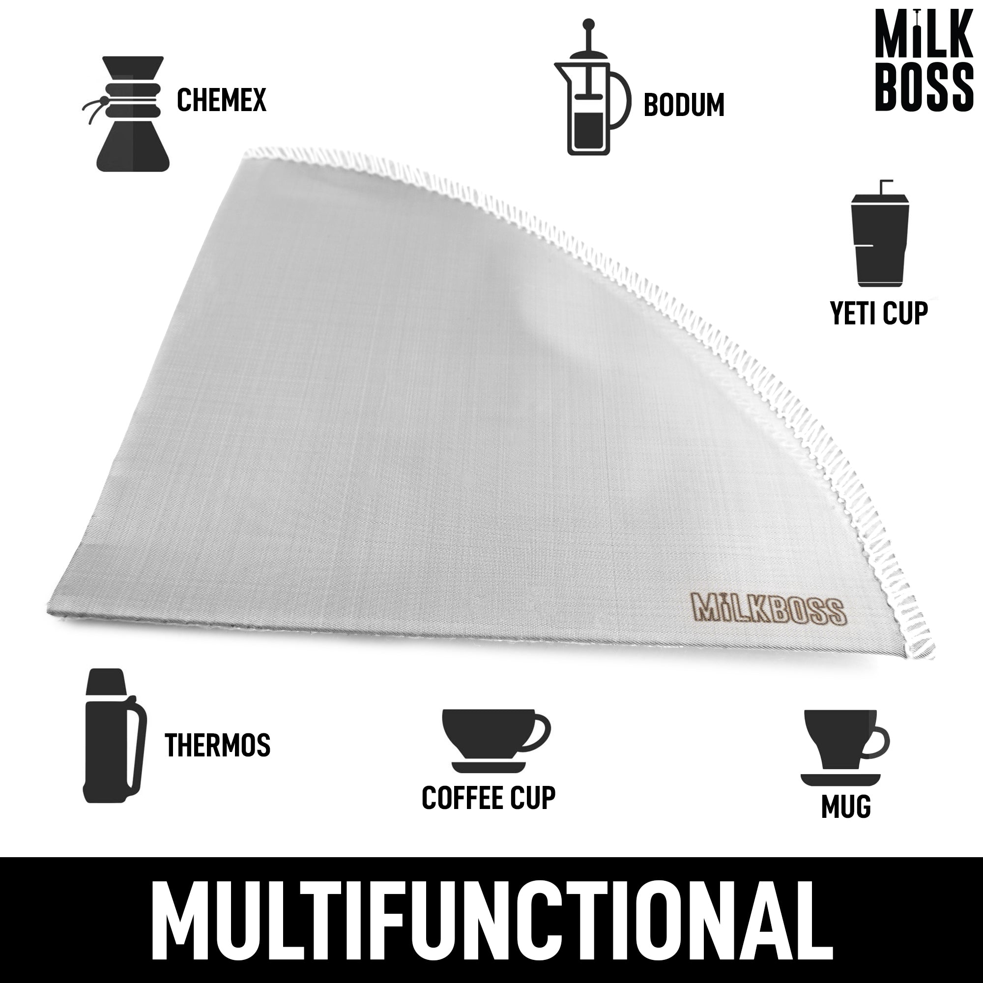 Milk Boss Pour Over Coffee Filter - Permanent Paperless Stainless Steel Reusable Coffee Filter - Flexible Fine Mesh Coffee Filter Reusable For Hario, Chemex, Ovalware, and Other Carafes (Filter #1) from Zulay Kitchen