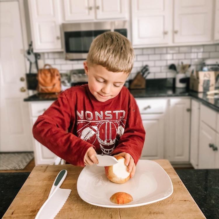 Andrea M.'s Adorable Little Boy using Zulay Kitchen's Kids Knife Set! - Zulay Kitchen