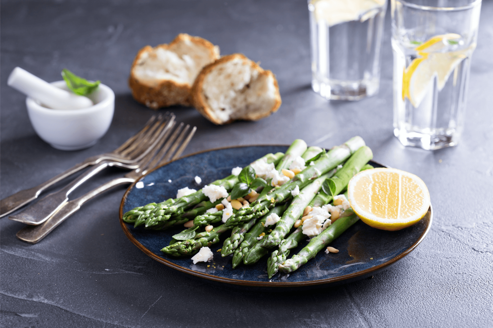 Asparagus with Toasted Pine Nuts, Feta and Lemon Vinaigrette - Zulay Kitchen