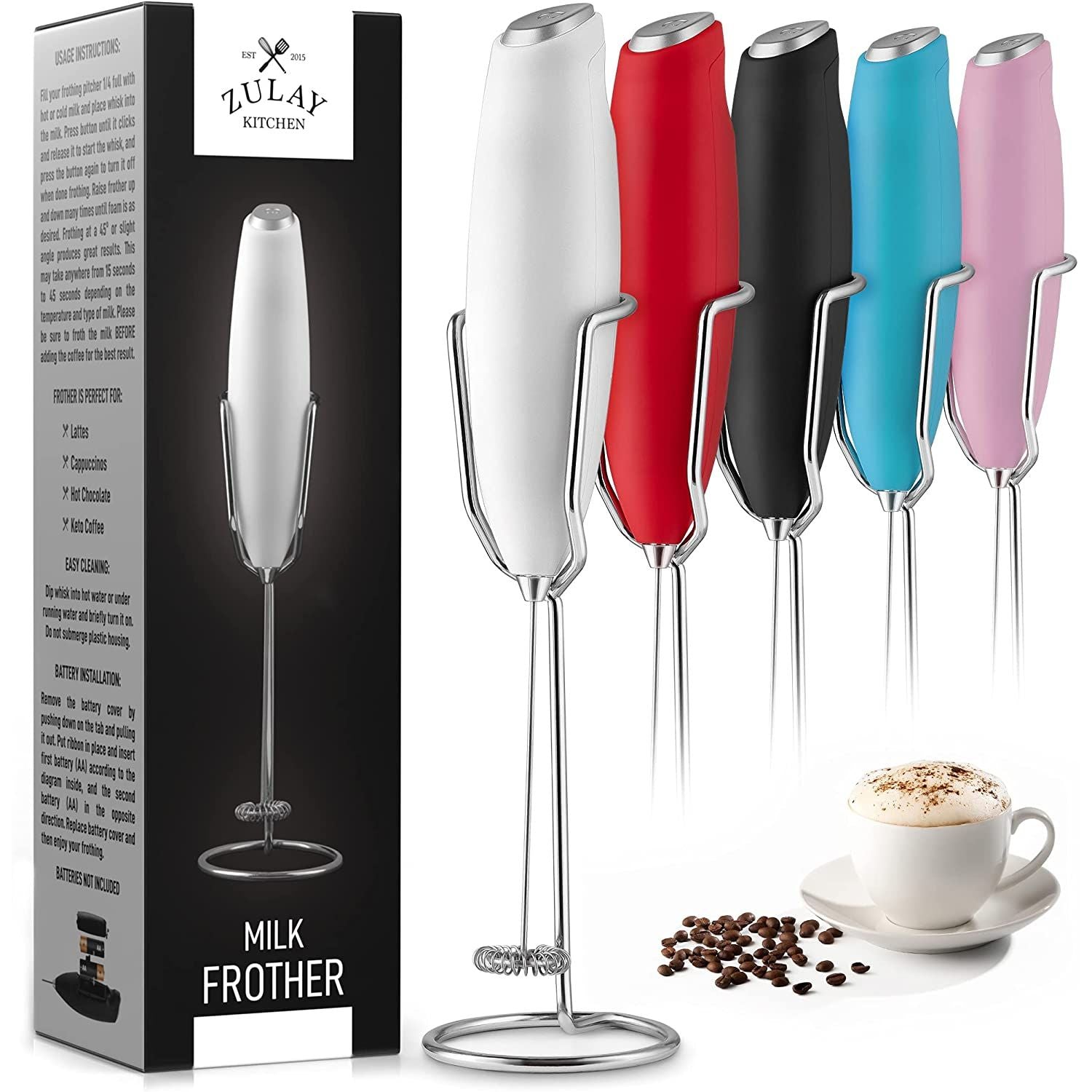  Milk Frother Handheld, Battery Operated Travel Coffee Frother  Milk Foamer Drink Mixer with 2 Stainless Steel Whisks for Hot Chocolate,  Batteries Included, Silver: Home & Kitchen