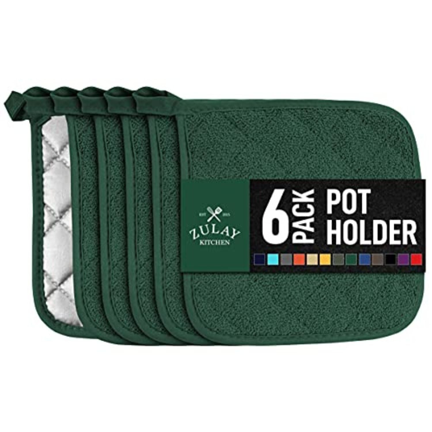 Pot Holders Set - 6 Pack Quilted Terry Cloth Potholders 7x7 Inch