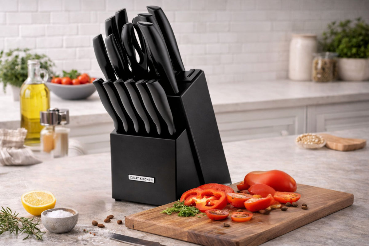 Black Zulay Kitchen knife set with a block on a kitchen counter with vegetables