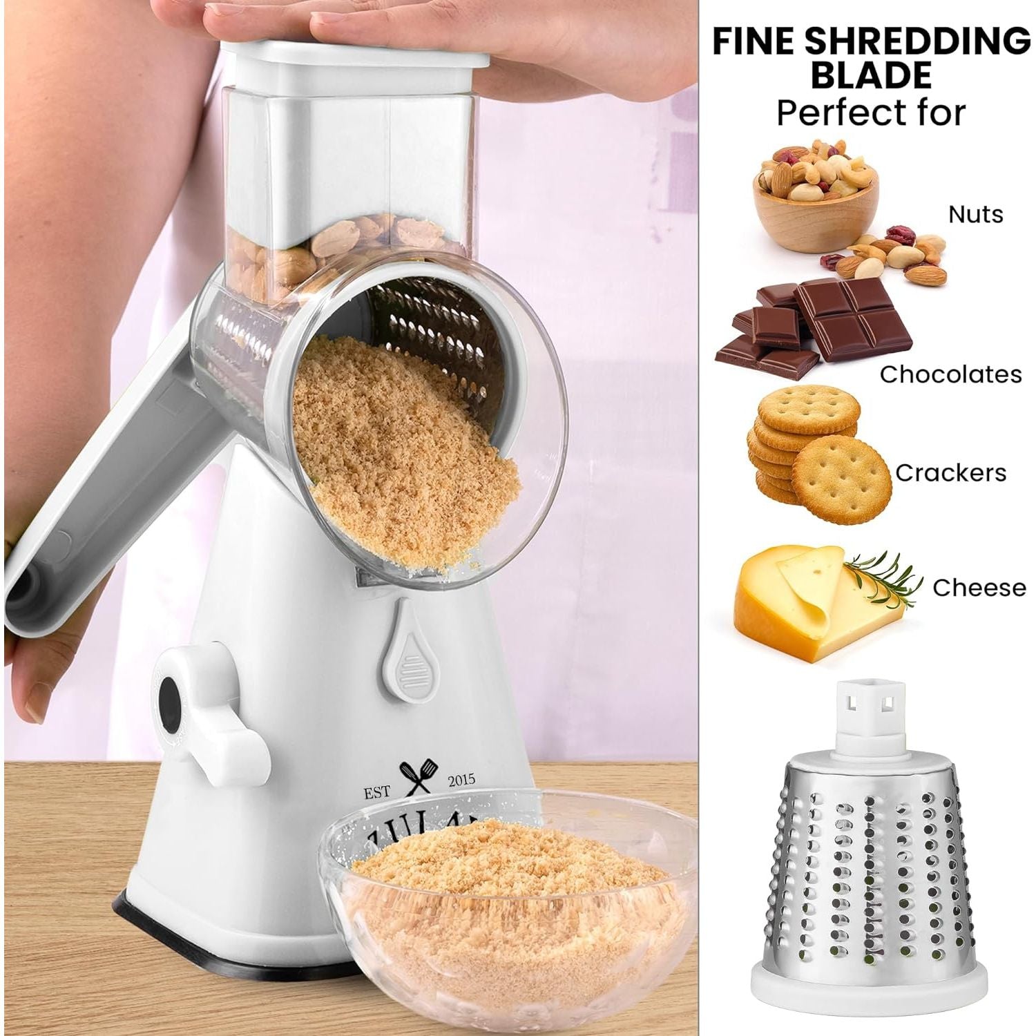 Zulay Rotary Cheese Grater with 3 Replaceable Stainless Steel Drum Blades