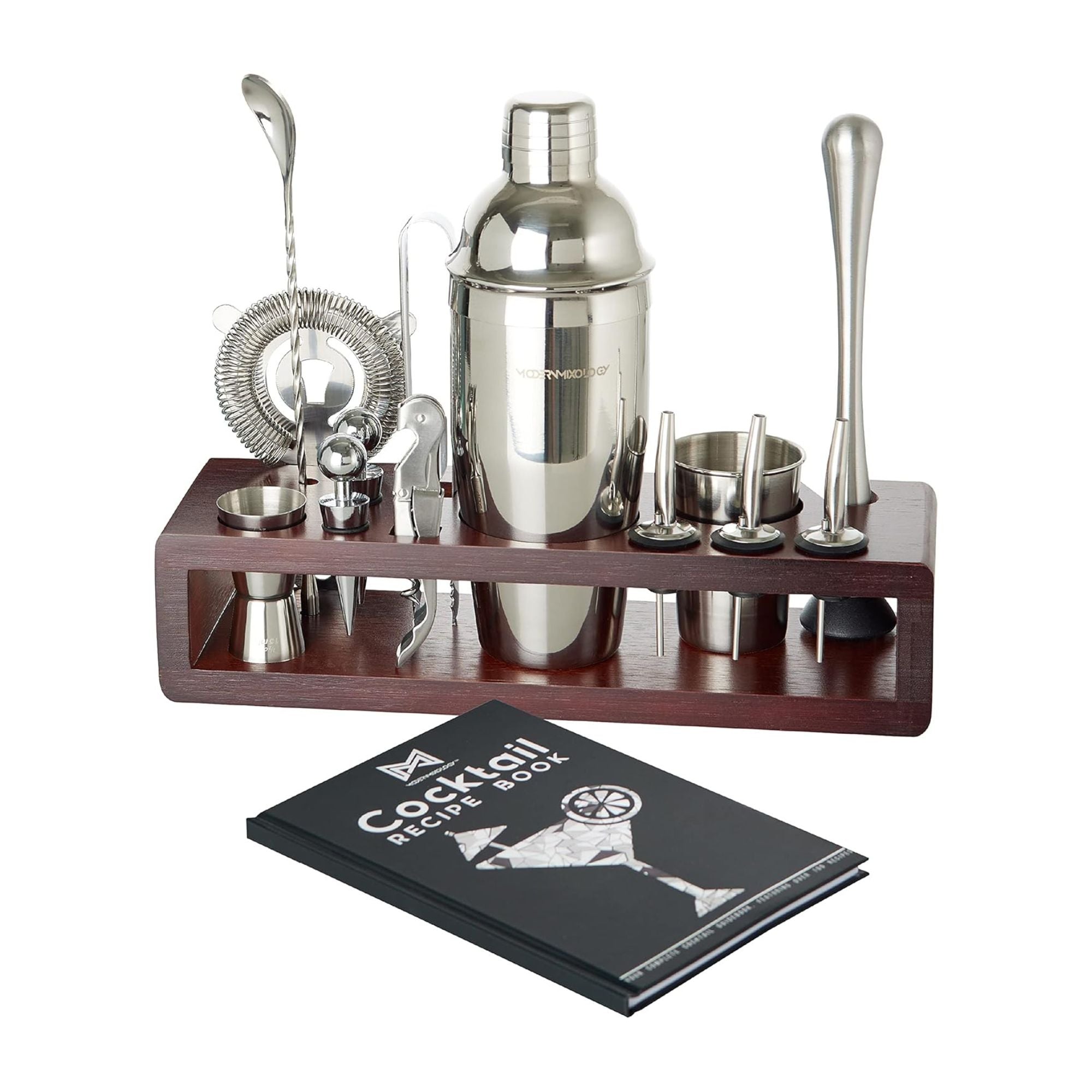 24-Piece Bartender Kit with Dark Wood Stand - Silver Finish