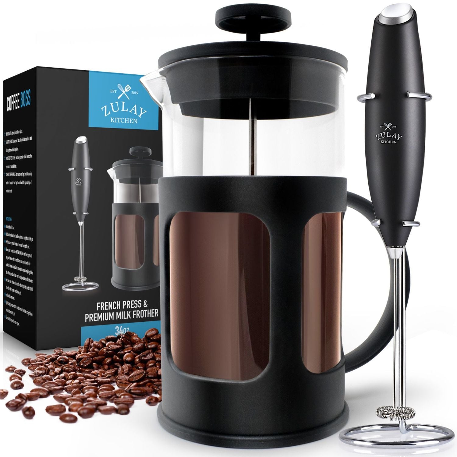 Zulay Kitchen Premium French Press Coffee Pot and Stainless Steel Milk Frother Set - 8 Cups 34oz, Black