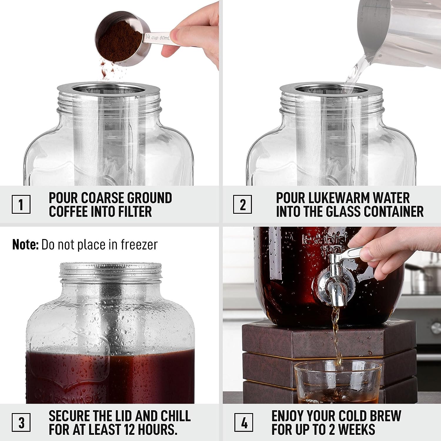 Zulay Kitchen 1 Gallon Cold Brew Coffee Maker with EXTRA-THICK Glass Carafe  & Stainless Steel Mesh Filter - Premium Iced Coffee Maker, Cold Brew