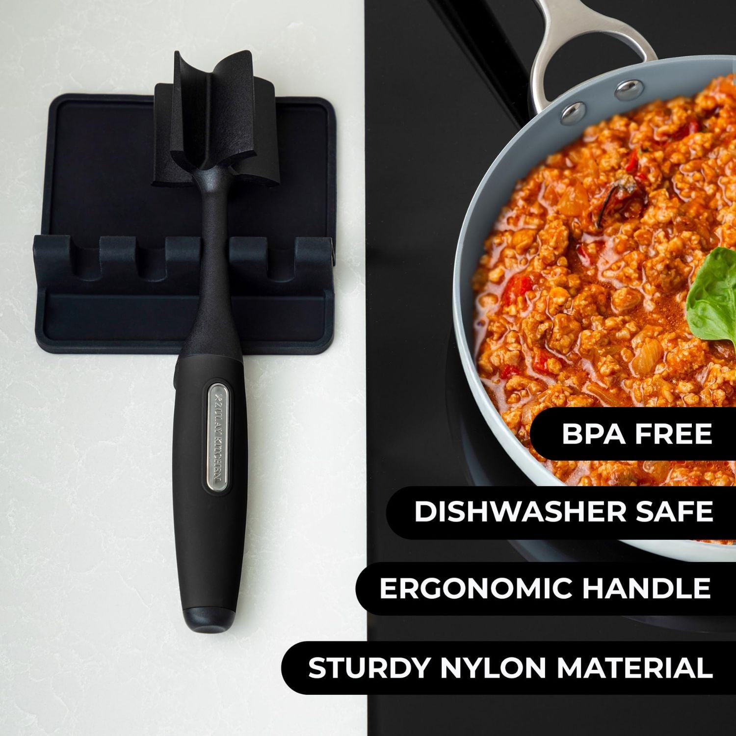 Black meat chopper on a stand with a pan of food and text highlighting features.