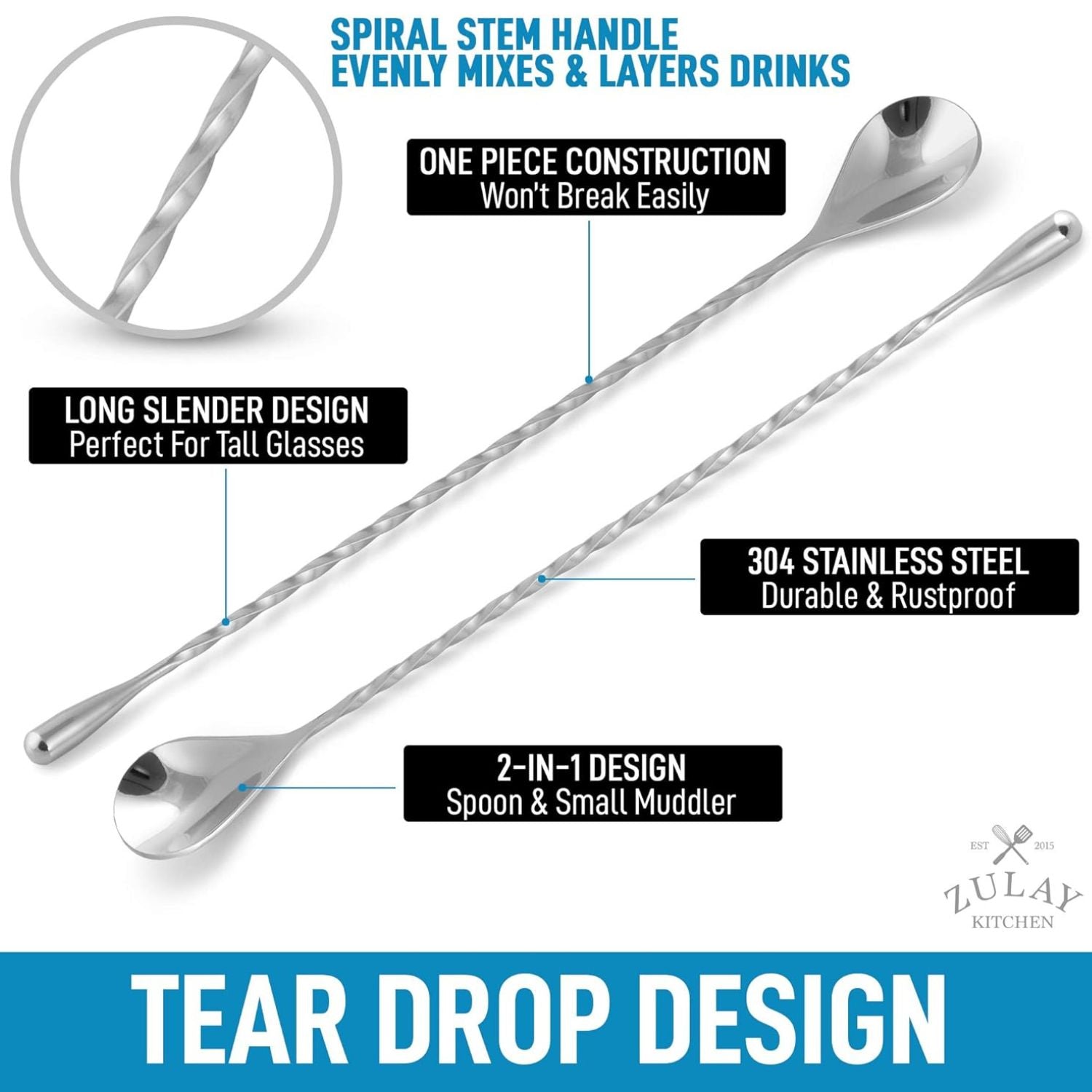 Tear drop design Stainless Steel Cocktail Spoon