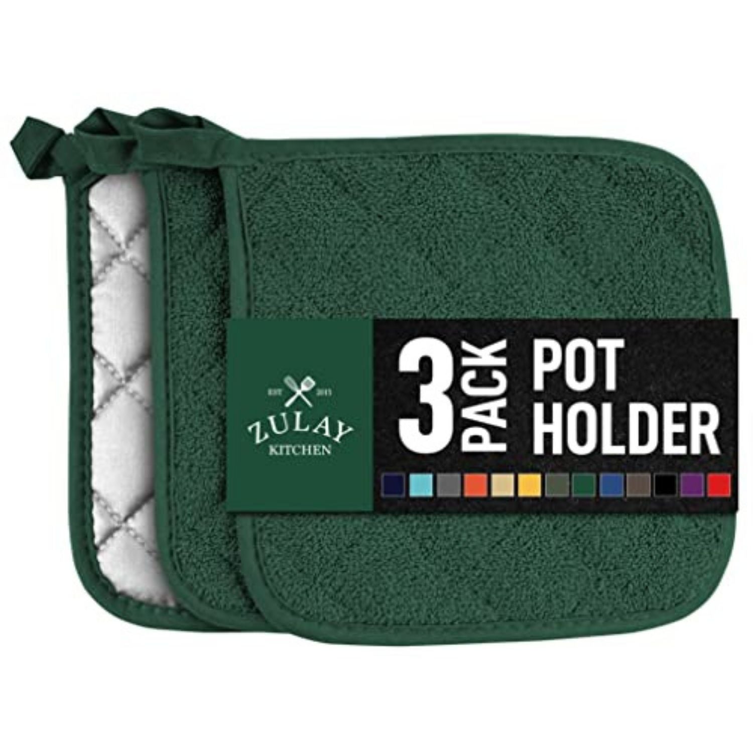 Pot Holders Set - 3 Pack Quilted Terry Cloth Potholders 7x7 Inch