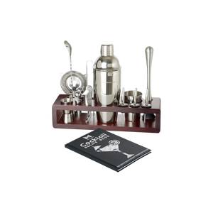 24-Piece Bartender Kit with Dark Wood Stand - Silver Finish