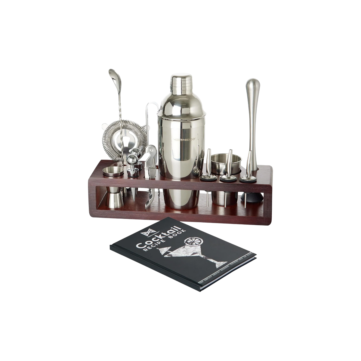 24-Piece Bartender Kit with Dark Wood Stand - Silver Finish