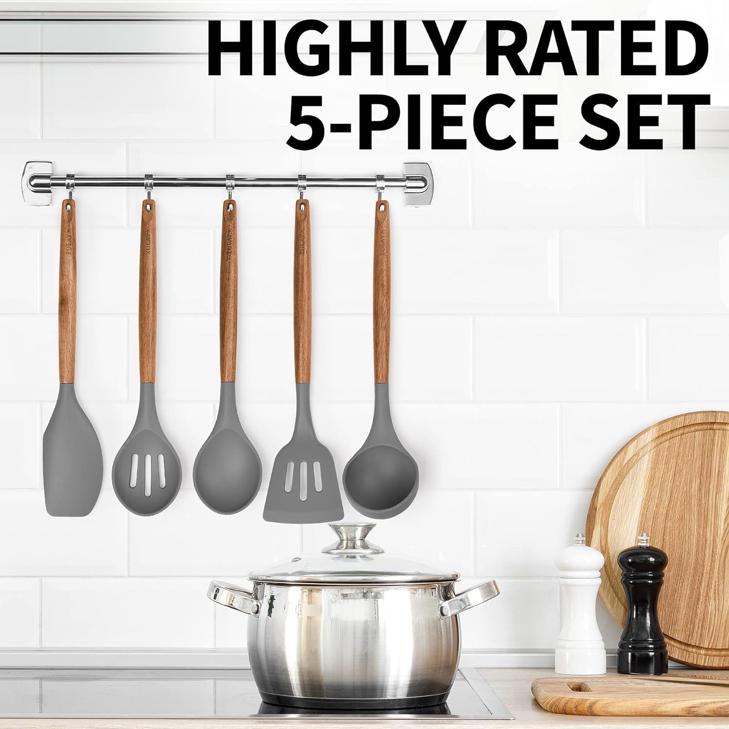 Zulay Kitchen Non-Stick Silicone Utensils Set with Acacia Wood Handles 5 Piece Silicone - Blue