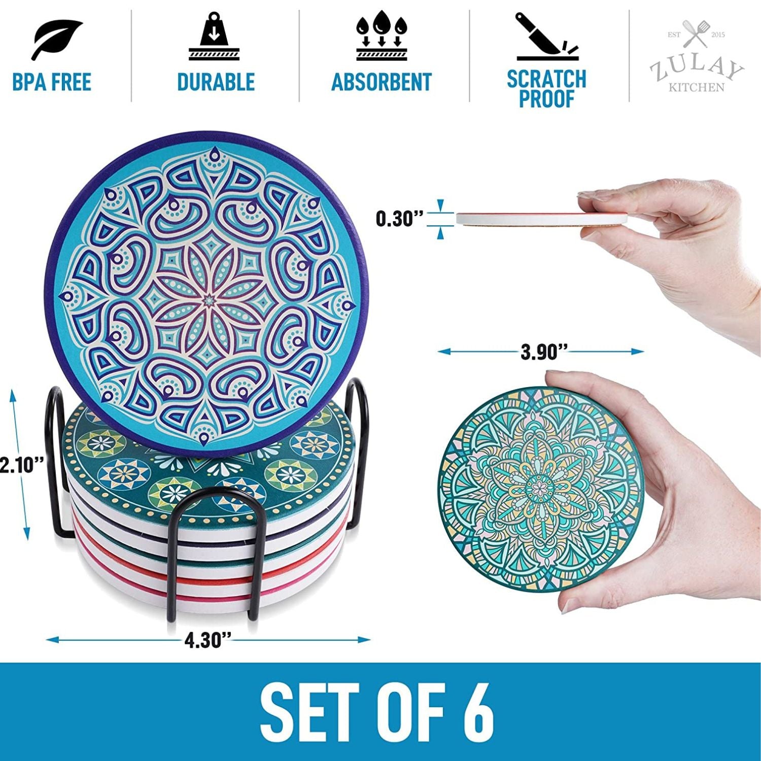 Mandala Coasters with Holder & Cork Base - Set Of 6
