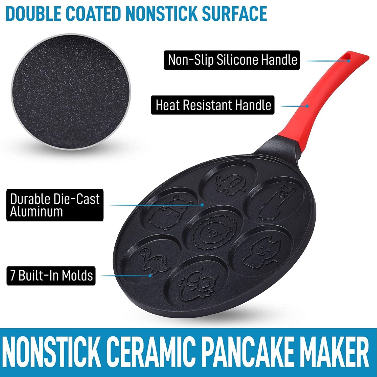 Mini Pancake Maker With 7 Animal Face Designs Plus 2 Bonus Spatulas